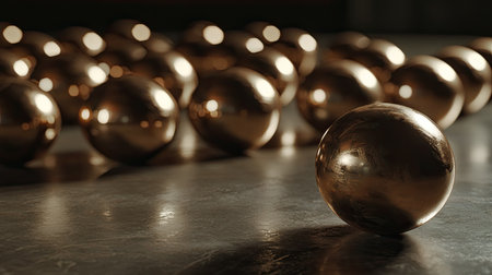 A series of shiny metallic spheres displayed on a dark reflective surface, creating a modern and artistic atmosphere. The interplay of light and shadow enhances the beauty.の素材