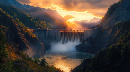 Breathtaking view of a dam under a vibrant sunset, showcasing cascading water and majestic mountains. Perfect for nature and landscape themes.の素材