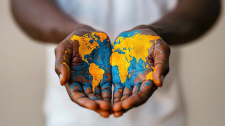 Close-up view of hands holding a colorful painted world map, symbolizing global connection, creativity, and unity. The vibrant colors enhance the artistic representation.の素材