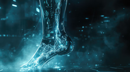 A captivating depiction of a futuristic digital foot, illuminated with glowing circuitry and data streams, showcasing the fusion of technology and human form in a sci-fi environment.の素材