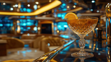 An elegant cocktail served in a crystal glass, highlighting an orange slice as garnish. The backdrop features a luxurious lounge ambiance, perfect for social gatherings.の素材