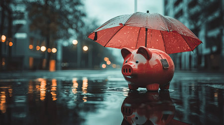 A colorful piggy bank sheltered under a bright red umbrella, reflecting in a rain-soaked urban landscape. Captures themes of finance, security, and resilience.の素材