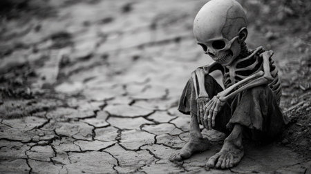 A striking black and white photograph of a skeleton sitting alone on parched earth, evoking feelings of loneliness and decay in a desolate landscape.の素材