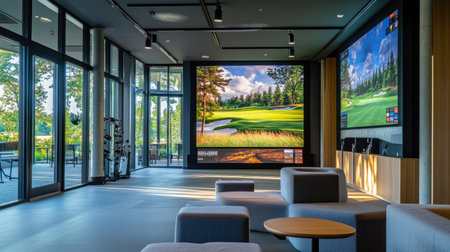 A modern indoor golf simulator features large screens displaying a beautiful golf course scene. The lounge area includes stylish furniture, offering a comfortable space for relaxation and entertainment.の素材