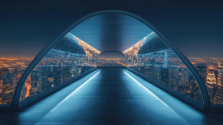 A stunning futuristic urban view showcasing a sleek modern architectural structure. The scene features a dazzling city skyline illuminated at night, reflecting innovative design elements.の素材