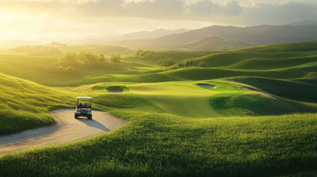 A stunning sunrise view of a tranquil golf course with lush green hills, inviting outdoor recreation. Perfect for travel and leisure themes.の素材