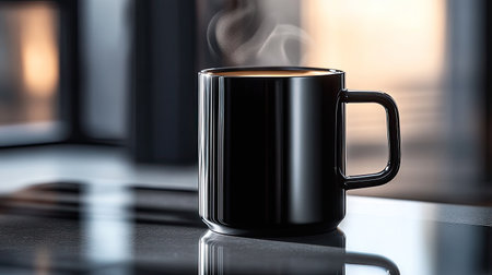 A sleek black coffee mug sits on a table, releasing steam in the morning light. This inviting scene captures the essence of comfort and tranquility, ideal for lifestyle themes.の素材