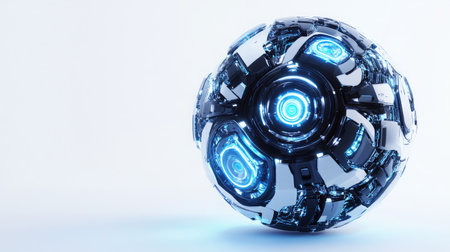 This image showcases a futuristic sphere with a metallic surface and glowing lights, embodying modern design and technology. Ideal for creative projects.の素材