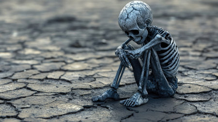 A haunting depiction of a lonely skeleton sitting on cracked ground, embodying despair and isolation in a dystopian landscape, evoking deep emotions.の素材