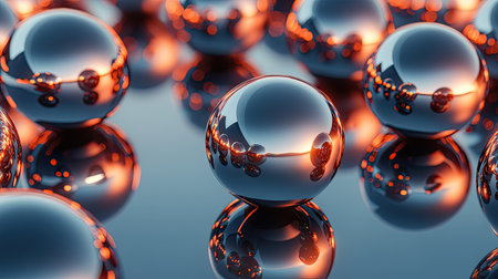 A captivating arrangement of shiny metallic spheres reflecting warm glows on a smooth surface. Ideal for modern design themes, this image evokes elegance and tranquility.の素材