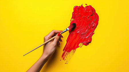 A vivid red paint stroke spreads across a bright yellow background, showcasing an artist's hand holding a brush. This image captures creativity and artistry in action.の素材