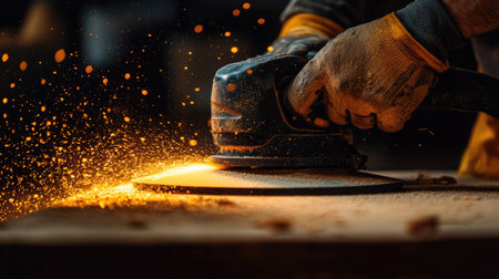 A craftsman operates a sander on a wooden surface, generating sparks and dust. The photo captures the intensity and precision of the woodworking process.の素材