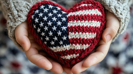 A close-up view of a handmade heart featuring the American flag design, held gently in hands, symbolizing love and patriotism in a cozy, artistic setting.の素材