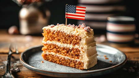 This delicious slice of cake features layers of cream and a small American flag, perfect for celebrations and festive occasions. Ideal for food photography.の素材