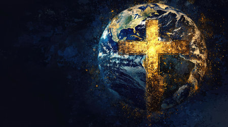 A stunning visual of a golden cross overlaying Earth, representing faith and hope amidst darkness. Perfect for themes of spirituality and belief.の素材