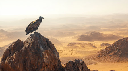 A majestic vulture perches on a rocky outcrop, overlooking a vast desert landscape. The warm, golden hues of the arid environment create a tranquil yet adventurous atmosphere.の素材