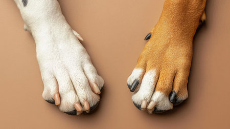 This close-up photograph captures the unique textures and colors of two dog paws, showcasing their beauty and softness against a warm brown background.の素材