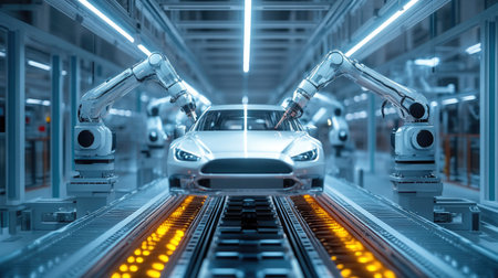 High-tech robotic arms work together on a sleek car assembly line in a modern manufacturing plant, showcasing the integration of advanced technology in vehicle production.の素材