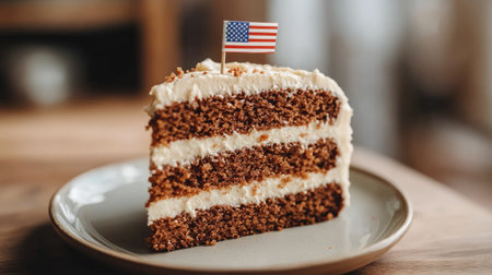 A delicious slice of cake topped with creamy frosting and a small American flag, perfect for any celebration or festive occasion. Ideal for dessert lovers.の素材