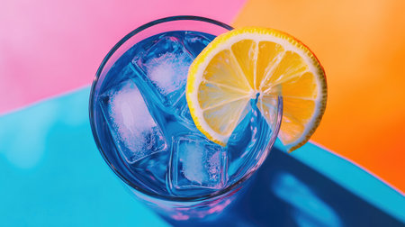 A vibrant, refreshing blue drink with ice and a lemon slice sits against a striking colorful background, perfect for summer vibes and relaxation.の素材