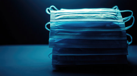 A visually striking arrangement of stacked surgical masks, illuminated by soft blue light, symbolizing safety and health in a modern dark setting.の素材