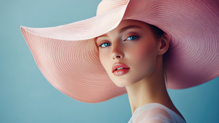 A stunning portrait of a young woman wearing a large pink hat, exuding elegance and charm. The soft blue background enhances her beauty and style.の素材