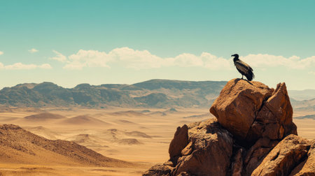 A stunning vulture stands on a rocky outcrop, surveying the vast arid desert landscape. Mountains rise in the background, showcasing the beauty of nature and wildlife.の素材