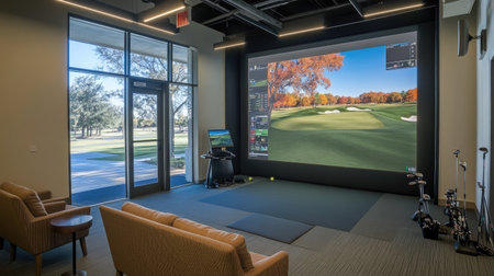Modern indoor golf simulator showcasing a realistic course landscape on a large screen. Perfect for athletes seeking training and recreation in a comfortable setting.の素材
