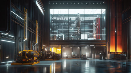 A modern industrial interior showcasing advanced machinery in a spacious layout. The vibrant lighting enhances the technological atmosphere, perfect for innovation.の素材