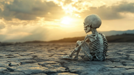 A solitary skeleton sits on cracked earth, gazing at a breathtaking sunset. This image captures themes of solitude and contemplation, evoking a sense of beauty and reflection.の素材