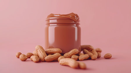 A delectable jar of creamy peanut butter is surrounded by whole peanuts on a soft pink background, creating an inviting and appetizing scene. Perfect for food promotion.の素材