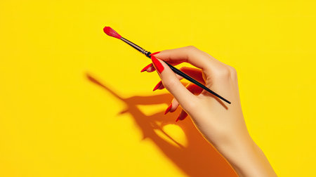 A fashionable hand holding a makeup brush stands out against a vibrant yellow background. The striking colors and elegant pose highlight beauty artistry and creativity.の素材