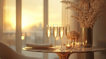 A stunning table setting featuring elegant champagne glasses and delicate floral arrangements, beautifully illuminated by warm sunlight, perfect for celebrations.の素材