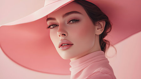 Stunning portrait of a beautiful woman wearing a soft pink hat, showcasing an elegant and serene expression. The image exudes glamour and style.の素材