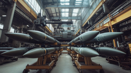 A detailed view of an industrial warehouse showcasing missiles and military equipment, highlighting the complex environment of defense technology and manufacturing processes.の素材