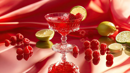 This vibrant image showcases a refreshing raspberry cocktail garnished with lime on a stunning red background. Perfect for summer events and celebration themes.の素材