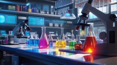 A vibrant laboratory scene showcasing colorful liquids in glassware. The setting features a microscope and various scientific tools, highlighting the exploration of chemical experiments and research activities.の素材