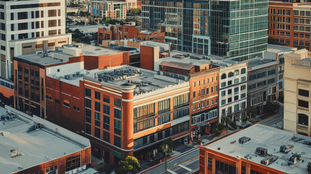 A vibrant urban landscape showcasing modern architecture and a mix of residential and commercial buildings under bright daylight. The image captures the essence of city life and development.の素材