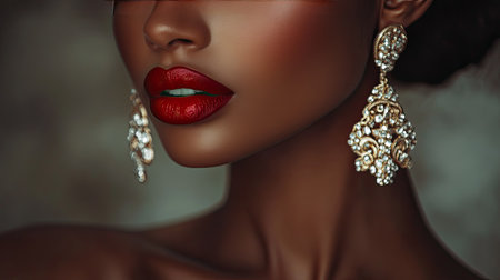A striking close-up portrait of an elegant African woman with bold red lips, adorned with stunning ornate earrings, showcasing beauty and sophistication.の素材