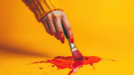 A closeup of a hand using a paintbrush to spread vibrant red paint on a bright orange background. This image captures the essence of creativity and artistic expression.の素材
