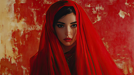 A captivating portrait of a young woman draped in a vibrant red veil, set against a warm, textured background. The image exudes elegance and mystique.の素材