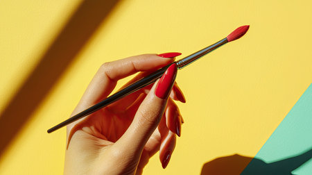 A close-up image showcasing a hand with vibrant red nails holding a paintbrush against a colorful background, perfect for art and creativity themes.の素材