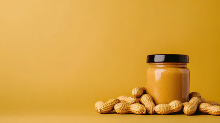 A glass jar of creamy peanut butter sits surrounded by peanuts on a vibrant yellow background. Ideal for food and snack-related visuals. Perfect for promoting healthy eating.の素材