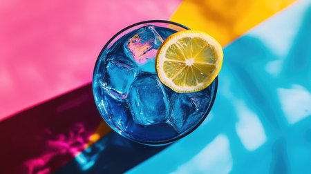 A refreshing blue drink sits in a glass filled with ice and a lemon slice, showcased on a vibrant multicolored background. Perfect for summer vibes!の素材