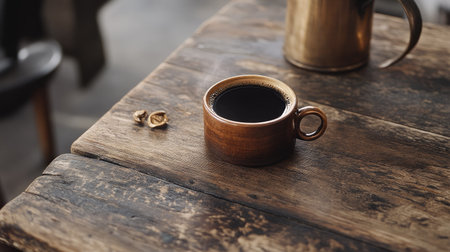 A warm cup of coffee rests on a rustic wooden table, accompanied by a ring and a creamer pitcher, creating an inviting and cozy atmosphere.の素材
