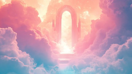 An enchanting dreamscape featuring a beautiful archway amidst fluffy clouds. Soft pastel colors create a serene atmosphere, evoking feelings of tranquility and wonder.の素材