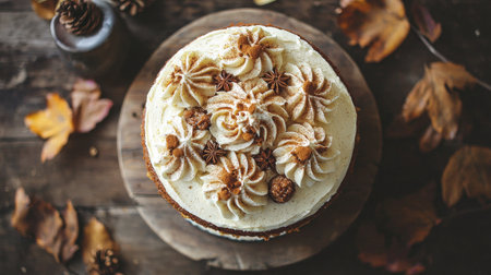 A beautifully decorated autumn cake topped with delicate frosting swirls and spices. Perfect for seasonal celebrations and cozy gatherings.の素材