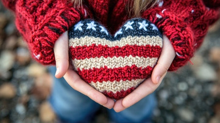A charming image of a child holding a cozy heart made of knit yarn in red, white, and blue. Perfect for patriotic themes and seasonal warmth.の素材
