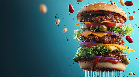 A vibrant and appetizing hamburger stacked high with fresh ingredients, featuring layers of cheese, lettuce, tomato, and delicious toppings, perfect for food lovers.の素材