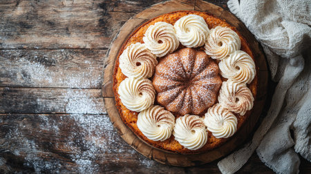 A stunning bundt cake adorned with creamy swirls of frosting and a dusting of sugar, perfect for any festive gathering or special occasion.の素材